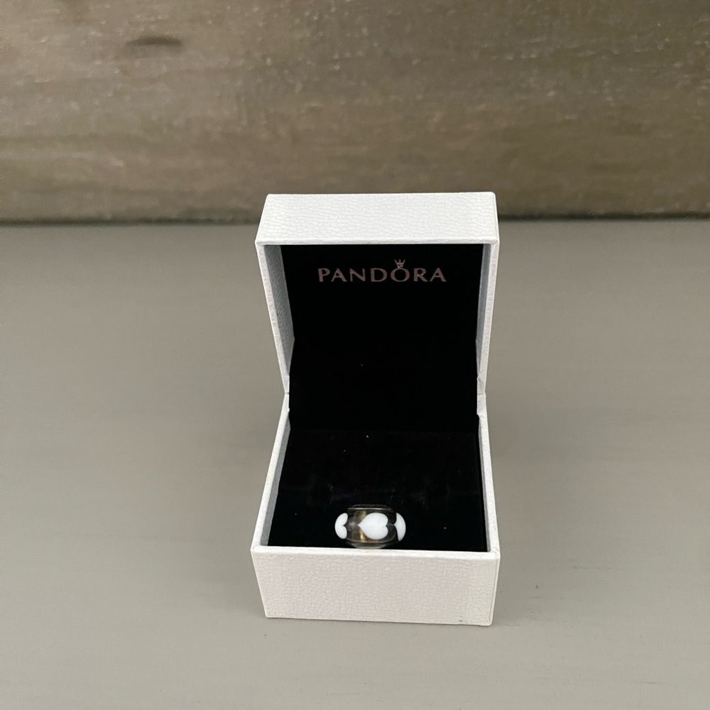 Pandora Sterling Silver & Black With White Hearts Murano Charm